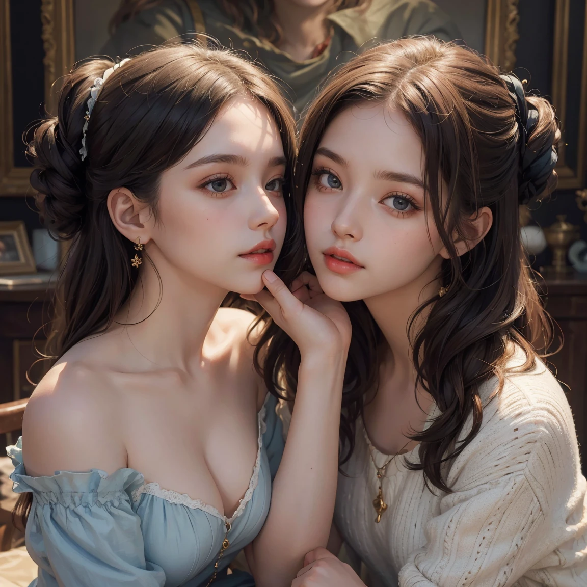 young woman, Olhar Telescope, (masterpiece), (HighestQuali), two girls is deeply in love with each other, kiss, Paint oil, Realistic oil painting, bust, clear details, high realism, clothing style of the era