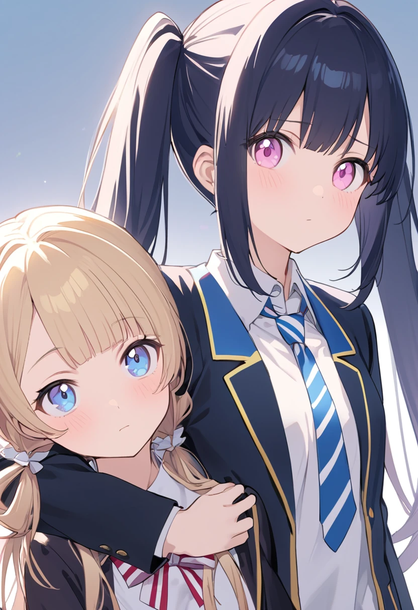 Generate an image of two young anime girls standing side by side.
The first girl on the left has long, wavy blonde hair tied in twin tails with pink gradient tips and pink eyes. She has long, straight side strands that frame her face, reaching down past her shoulders. She is wearing a consisting of a white shirt, a red and white striped bow tie, and a black blazer with yellow trim. Her bangs are long and straight, framing her face.
The second girl on the right has long, straight, dark blue hair and light blue eyes. She is wearing a consisting of a white shirt, a red and white striped tie, and a black blazer with blue trim. Her bangs are long and side-swept,