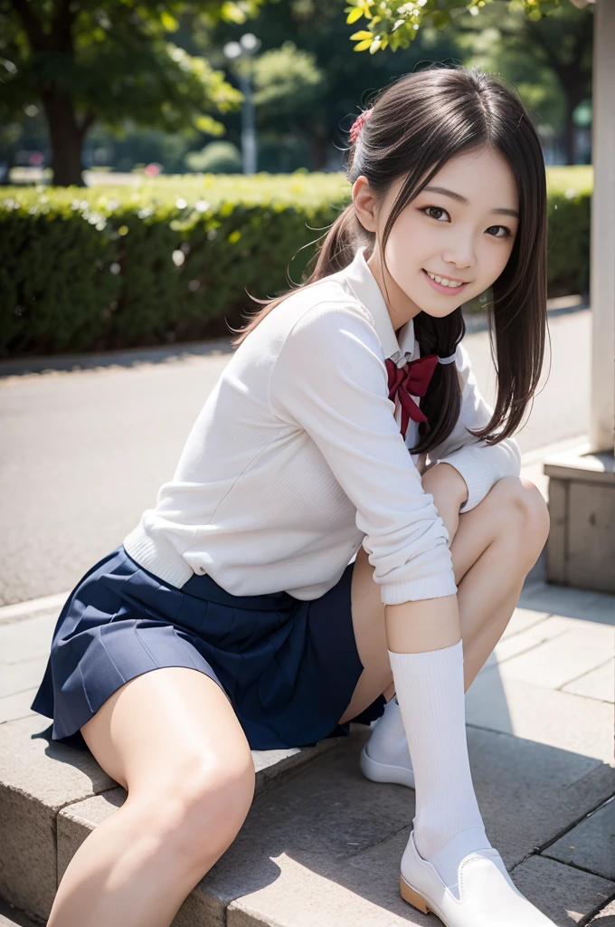 Pure Japanese school girl, sexual attractive, sweet temptation, outstanding body, beautiful legs, wearing uniform, high socks, loafers, (panty), natural ponytail, sweet smile, sitting and relaxing, refreshing in early summer, park, professional portrait photography, composition from the front,