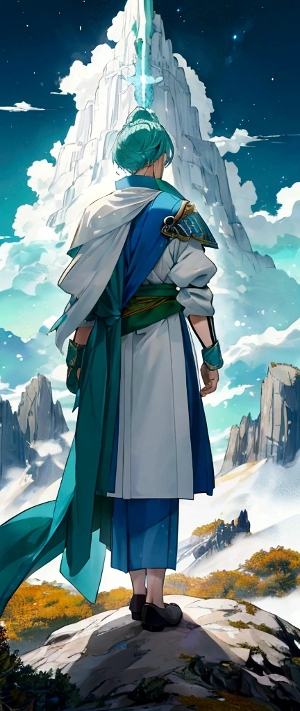 A sacred mountain,Blue, green and white,Fall,landscape,,galaxy,The back of the warrior,Anime style