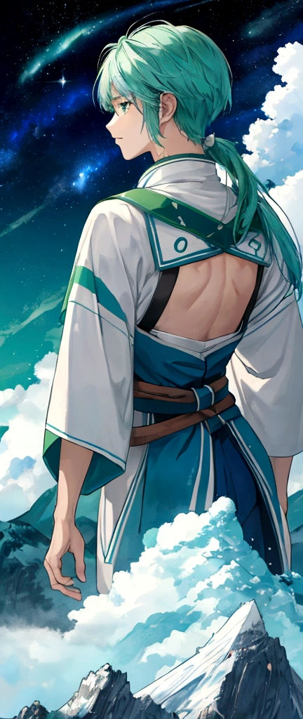 A sacred mountain,Blue, green and white,Fall,landscape,,galaxy,The back of the warrior,Anime style