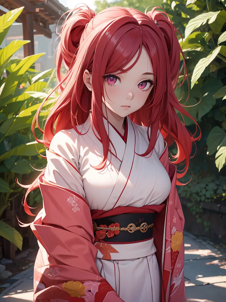 (8K, Best Quality, Masterpiece, Ultra High Resolution) 1 Girl, Beautiful Eyes, Face Details, Long Red Hair, Tied Up Hair, Pink Eyes, Pale Skin, Wearing Red Kimono, Pink Details, Standing Outside, Best Quality, Upper Body, Looking at the Viewer, Facing Viewer, Close Up