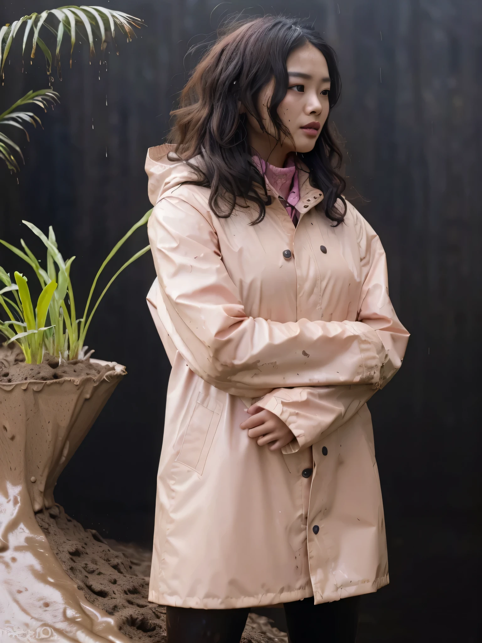 a beautiful young asian woman wearing a pink buttoned raincoat, her clothes and raincoat covered in mud, walking through a muddy field, (best quality,4k,8k,highres,masterpiece:1.2),ultra-detailed,(realistic,photorealistic,photo-realistic:1.37),HDR,UHD,studio lighting,ultra-fine painting,sharp focus,physically-based rendering,extreme detail description,professional,vivid colors,bokeh,portrait,realistic,photographic,natural lighting,muddy environment,rainy day