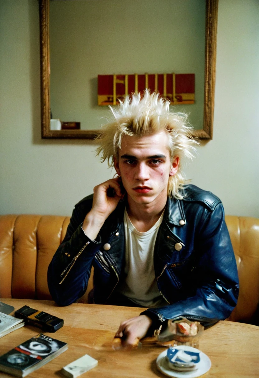 Kodak photos from the 1980s。A young punk rock guy in his 20s with blue blonde hair wearing a white shirt and a black leather jacket。, In a New York apartment, Photo by Nan Goldin, William Eggleston, Faded, Film Grain, Cross-processed images