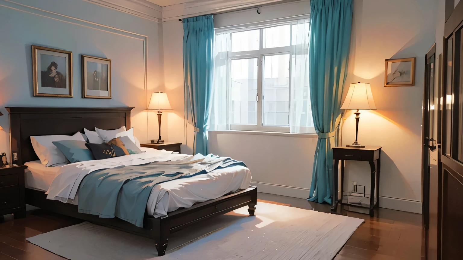An illustration that evokes a romantic and private space,Dim lighting,Calm toned colors,Creates a mature and elegant atmosphere,Dim lightingの部屋,Bedroom illustration,