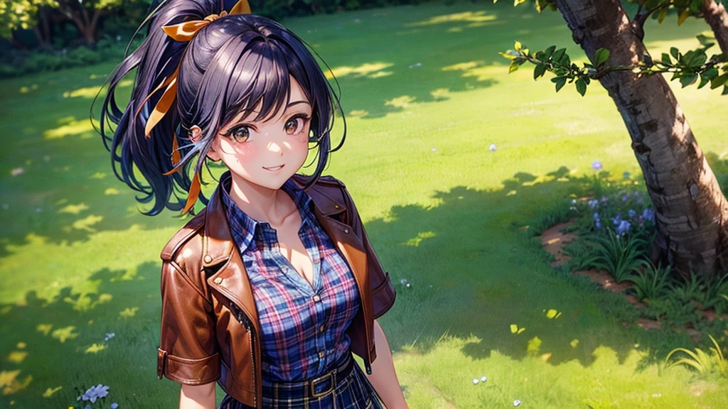 1girl, solo, ((upper view)), full body, summer, village, trees, sun, clouds, ((colorful hair)), ponytail, large full breasts, ((brown leather jacket)), button down shirt, ((blue checked shirt)), ((short sleeved shirt)), ((unbuttoned shirt)), unbuttoning buttons, cleavage 1:3, brown eyes, skirt, smile, looking at the viewer, standing, hair ribbon, golden necklate
