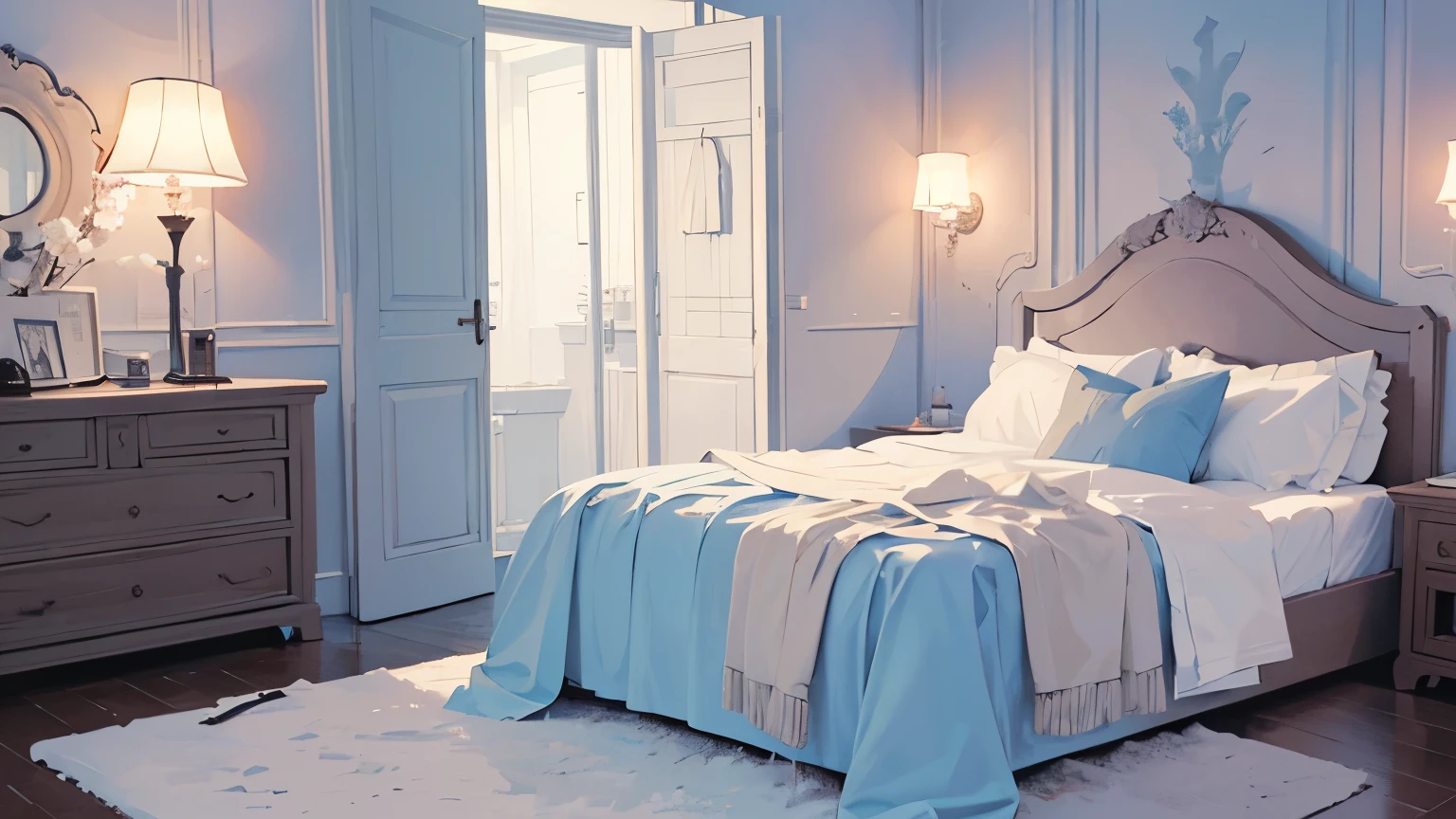 An illustration that evokes a romantic and private space,Dim lighting,Calm toned colors,Creates a mature and elegant atmosphere,Dim lightingの部屋,Bedroom illustration,