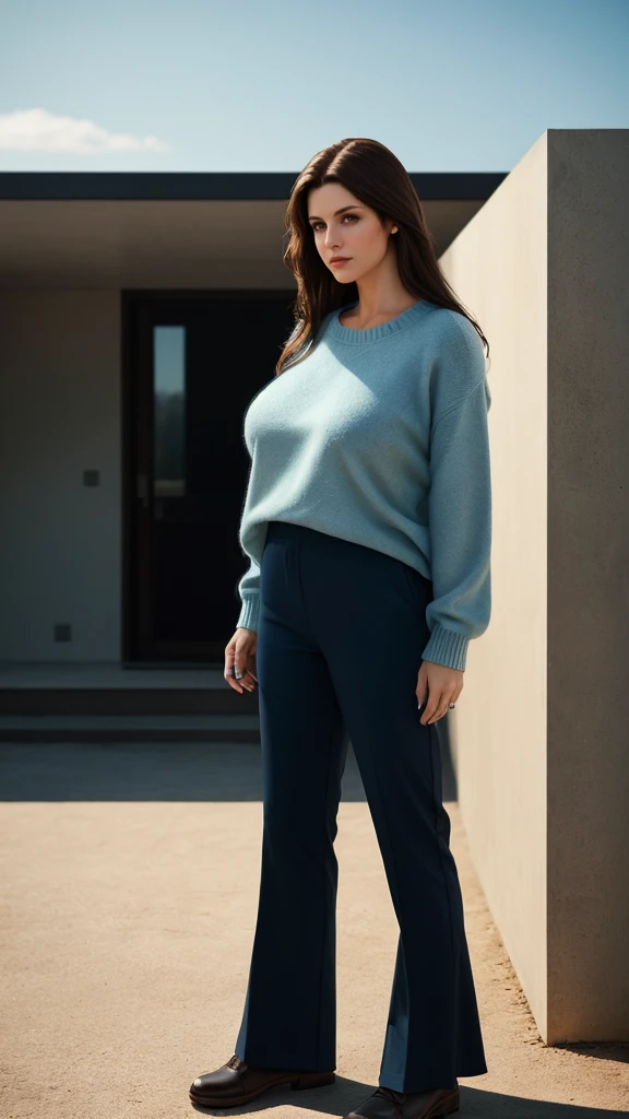 Ultra realistic image of a thing 45 year old woman, she is 2 meters tall, she has big saggy tits, has long straight hair, is wearing flared pants and a tight low-cut sweater, standing outside a modern minimalist house. Ultra realistic image with excellent, ultra HD, high quality, hyper realistic, professional photography, excellent depth effect, excellent shadow effect, perfect perspective, blue scale, soft brightness, soft color intensity, soft contrast. Front view, half body photography