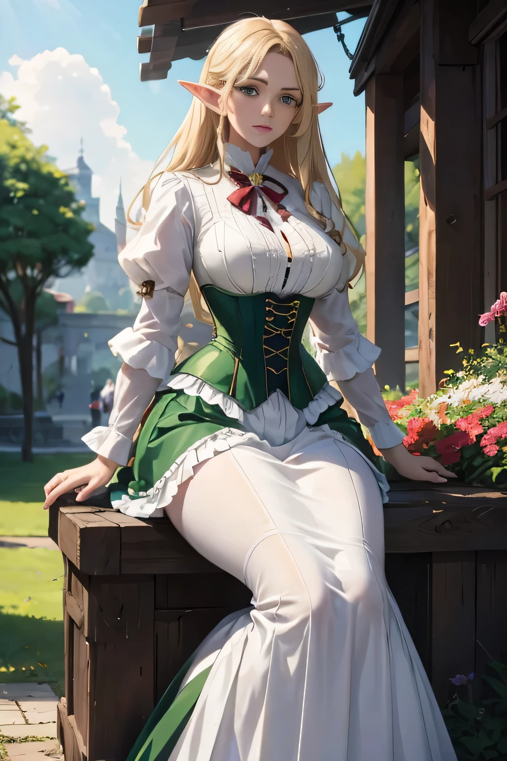 Sophisticated elf woman, steampunk, dress , in a country manor, muted colors, sephia filter, mature, well endowed bust, Victorian era, detailed eyes, well bred, refined lady in waiting, bare headed, long blond hair, emerald green eyes , long full length skirt, blouse, underbust corset, taller then camera, milf, leather corset, embroidery on clothes, matured woman, sexy, powerful, white ribbed blouse, red dress with gold accents, elegant refined beauty, motherly, maternal, loving, protective, plump, thick, thicc, thicker, full skirt, blouse open, cleavage showing, 1800’s, 19th century, steampunk elf maid, chunky arms, chubby legs, breasts spilling out of corset, strained corset, highly detailed image