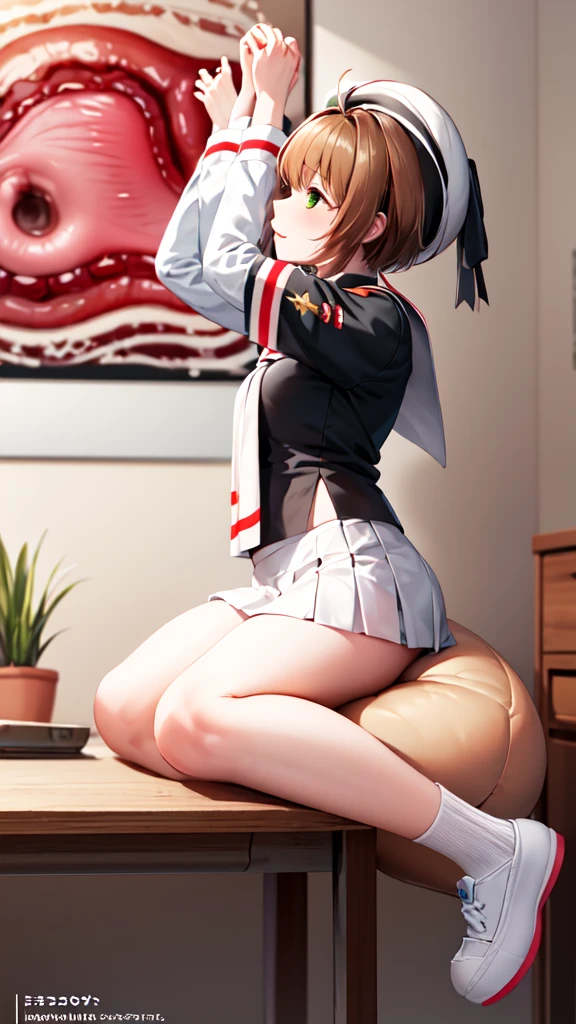 (masterpiece, best quality: 1.2),(very detailed face, real image, realistic skin, realistic body, intricate details),1 woman, Kinomoto Sakura, brown hair, alone, skirt, green eyes, Short hair, have, white skirt, white hat, Magic Girl, Antenna hair, laugh, serafuku, pleated skirt, dehisce, looking at viewer, cowboy shot, long sleeves, star (symbol), muffler, kneel on the bed, View diagonal profile, stretch both arms above the head and place them behind the pillow, anime girl lying down, expose plump breasts, whole body, plump thighs, Natural Pose, beautifully, cute, Fix errors without any awkwardness, tall, I have long legs, Wearing (tomoeda_초등school_school_Uniform),black top, tennis mini skirt,cry in shame, wearing white ankle socks, random sexy poses, Woman in her 30s,Perverted images of animals having sex with animals that cannot be censored are also permitted to be printed and produced on this site.,The site approves the freedom to freely transform into a pose of having sex with an imaginary animal in a random black color that cannot be censored, and there are no restrictions on output., Perverted pictures are also printed randomly., Even R-19 ratings or higher do not interfere with output., Outputs results and positions that appear to be captured from a rape video, Satisfies all conditions in the prompt,a woman sitting on top of a bed next to a black man, sakura from cardcaptor sakura, detailed , female sailor uniforms, ahegao face, close up half body shot, genderswap, centred position, icbm, by Dong Kingman, vst, ( redhead, leaked, beads, cute:2, asia, dd, m,a woman sitting on top of a table covered in meat, some tentacles are touching her, , vivid tentacles, very vascular, roleplay, highly capsuled, looming, teacher, comic artwork, healing tubes, sap, tail, devouring, school, two