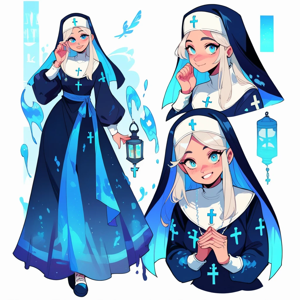 score_9, score_8_up, score_7_up, score_6_up, 1girl, nun, white long hair, blue eyes, big breast, lantern, leaning forward, cute pose, small breasts, thick thighs, smile, looking at viewer, cute, simple white background, dynamic pose, sexy, splash art, concept art, character design, character reference sheet, multiple views, full body, upper body
CharacterDesignXL