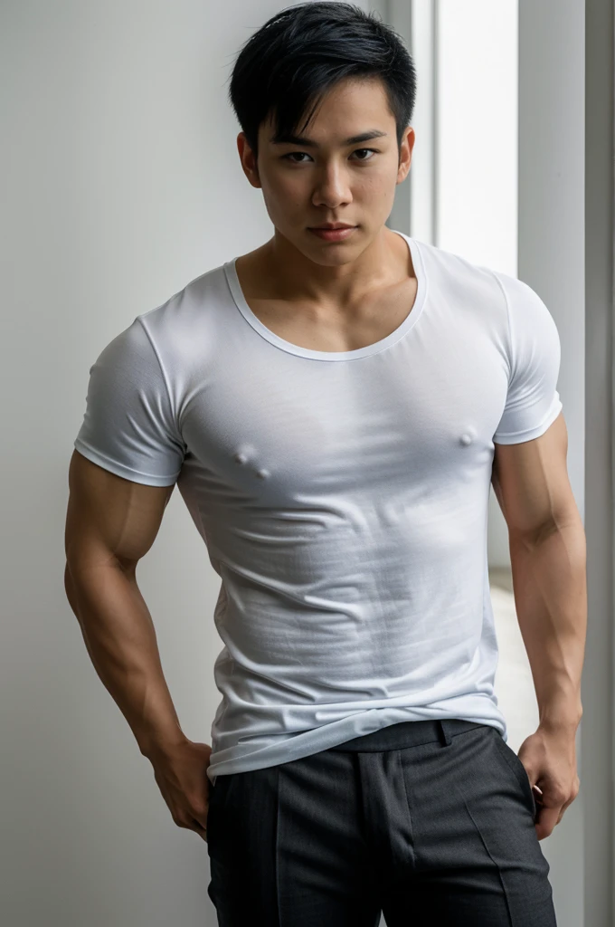 25 year old muscular Asian man, The face looks like that of an Indonesian artist., Bold and cool, Wear a tight white t-shirt., chest visible, Wear black trousers., ((in wonderland)), Pose, Photo model, Very high quality, Very high resolution,