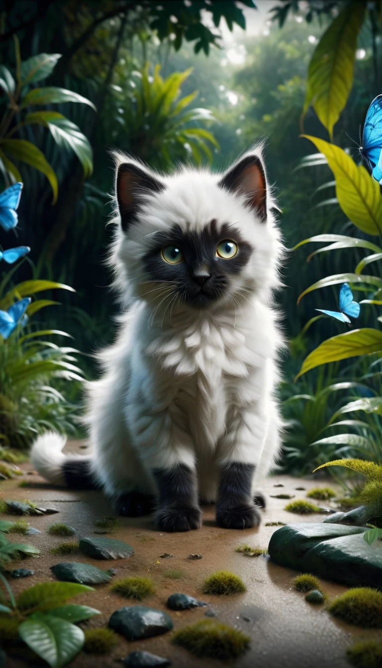 Midnight (the sleek black kitten with piercing yellow eyes ) and Snowflake ( the fluffy white kitten with blue eyes) are together, their expressions showing worry and determination. Midnight’s yellow eyes scan the surroundings, while Snowflake’s blue eyes are wide with concern. The jungle around them is thick and dark.