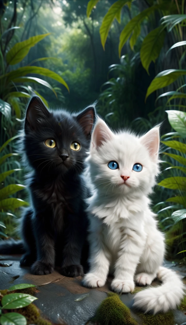 Midnight (the sleek black kitten with piercing yellow eyes ) and Snowflake ( the fluffy white kitten with blue eyes) are together, their expressions showing worry and determination. Midnight’s yellow eyes scan the surroundings, while Snowflake’s blue eyes are wide with concern. The jungle around them is thick and dark.