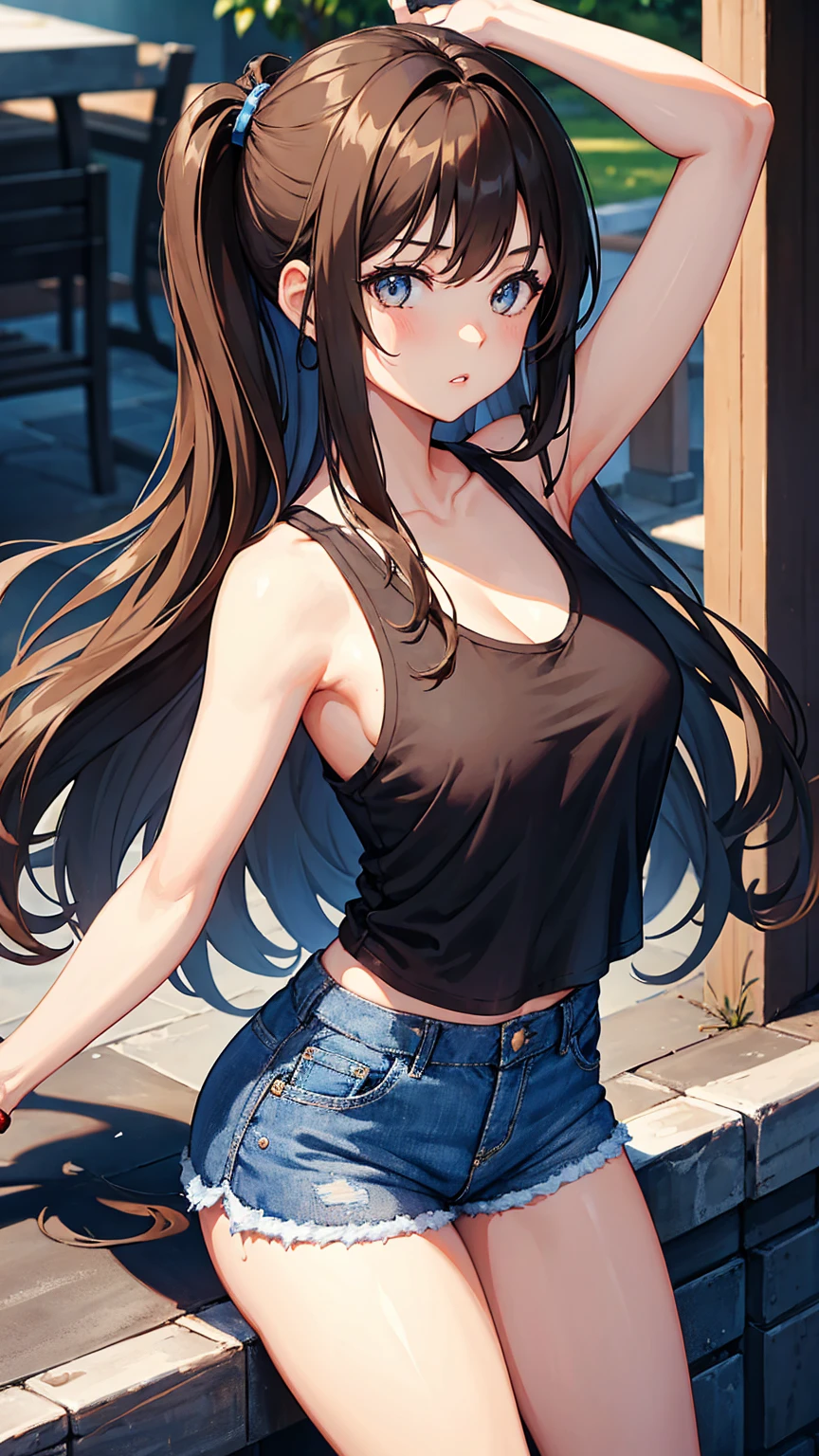 1girl, brown hair, long hair, black tank top, sexy, big , blue denim shorts, parted lips, random hairstyle
