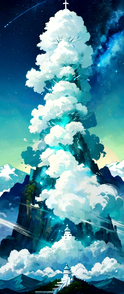 A sacred mountain,Blue, green and white,Fall,landscape,,galaxy,Hayao Miyazaki,Anime style