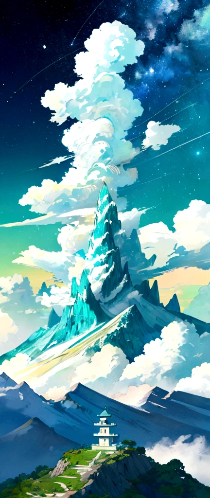A sacred mountain，Blue, green and white，Fall，landscape，，galaxy，Hayao Miyazaki，Anime style
