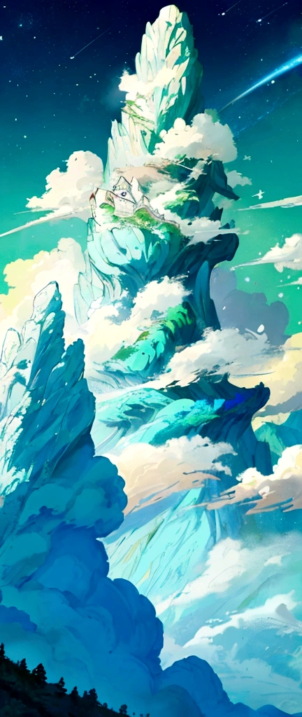A sacred mountain,Blue, green and white,Fall,landscape,,galaxy,Hayao Miyazaki,Anime style