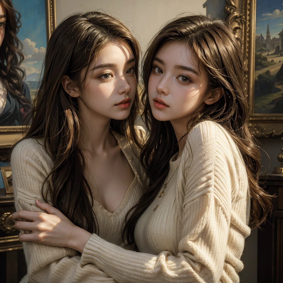 young woman, Olhar Telescope, (masterpiece), (HighestQuali), two girls is deeply in love with each other, kiss, Paint oil, Realistic oil painting, bust, clear details, high realism, clothing style of the era