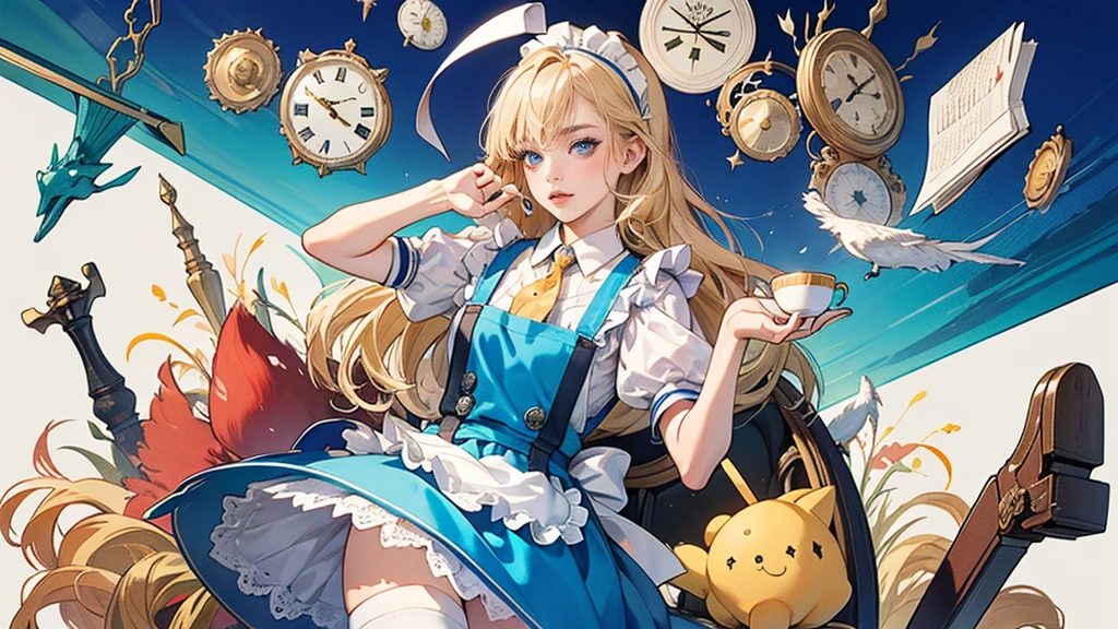 masterpiece, Highest quality, Portraiture, 1 Girl, (Alice in Wonderland:1.2), Blue clothes, White apron, Blonde, blue eyes, Usagi, Trump, Tea cup, White lace thigh high socks, Miniskirt lift, Half Body, Dynamic pose