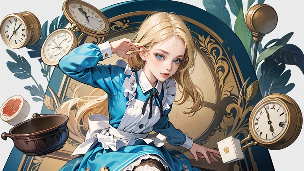 masterpiece, Highest quality, Portraiture, 1 Girl, (Alice in Wonderland:1.2), Blue clothes, White apron, Blonde, blue eyes, Usagi, Trump, Tea cup, White lace thigh high socks, Miniskirt lift, Half Body, Dynamic pose
