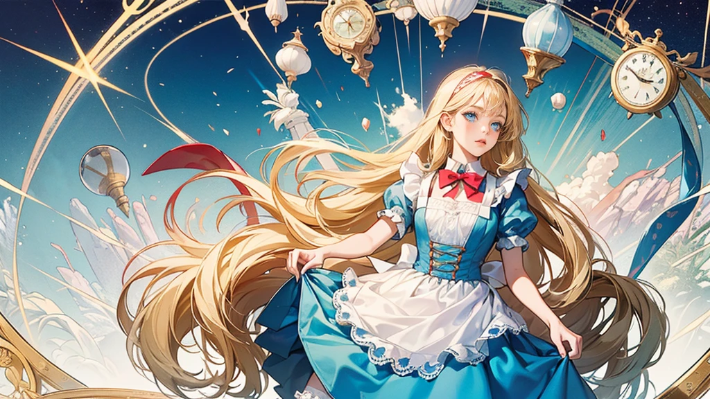 masterpiece, Highest quality, Portraiture, 1 Girl, (Alice in Wonderland:1.2), Blue clothes, White apron, Blonde, blue eyes, Usagi, Trump, Tea cup, White lace thigh high socks, Miniskirt lift, Half Body, Dynamic pose