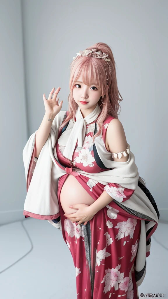Pregnant woman with five breasts, clothes can't cover the exposed huge belly and there are fetal movements