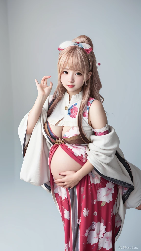 Pregnant woman with five breasts, clothes can't cover the exposed huge belly and there are fetal movements