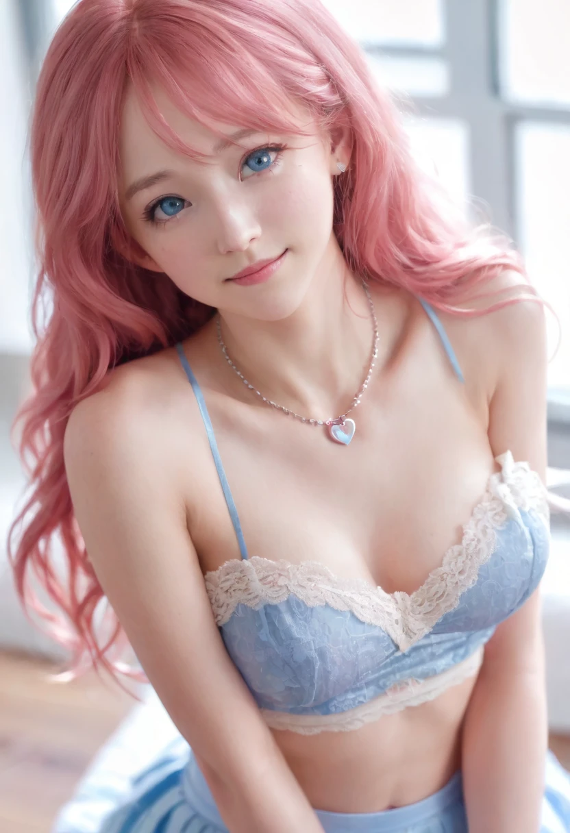 a girl, white skin, young, long pink hair, messy hair, thin arms, small mouth, small nose, small breasts, round face, pink skirt, transparent lace crop top, heart-shaped necklace, blue eyes, blush, embarrassed smile, navel, realistic view, very shy, shifty eyes, no hair under the arms, attractive, sitting in a room on the bed, good lighting, European origin
