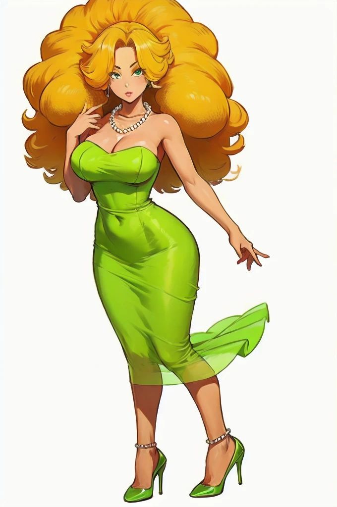 masterpiece, best quality,  1girl, solo, looking at viewer, breasts, margesimpson, yellow skin, afro, big hair, necklace, pearl necklace, strapless dress,mini dress, green dress, high heels.