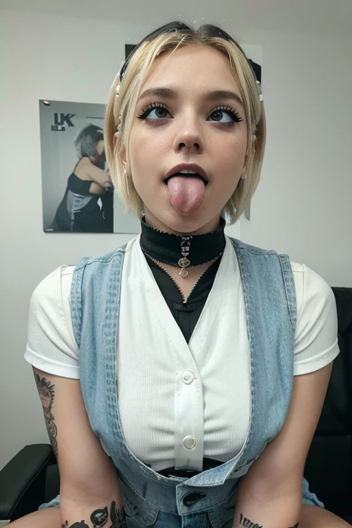 blonde girl, short hair, gongito cut long on the sides, white blouse with black stripes, denim vest, denim skirt, you push up, sticking out tongue, Ahegao 