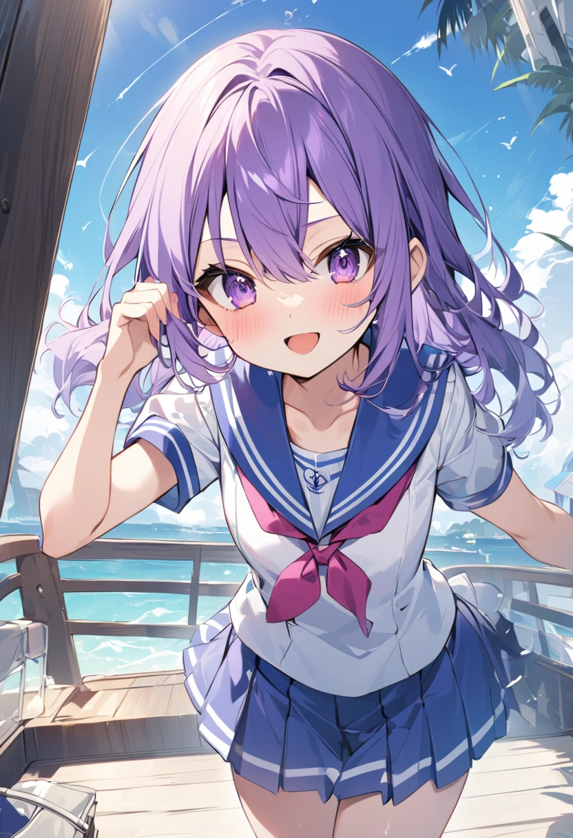 Keito。Purple Eyes。Purple Hair。Sailor suit。Boat