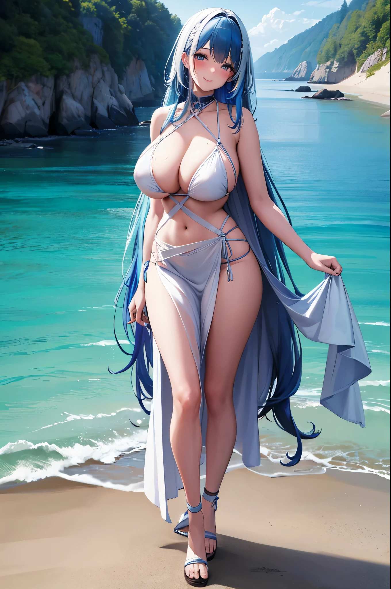 score_9, score_8_up, anime source, 1 woman, nihilister, blue hair with white streaks, long hair, hair covering exposed breasts, with nothing on the waist, large breasts, beach skirt, white sandals on feet, blush, looking at viewer, seductive smile, standing,