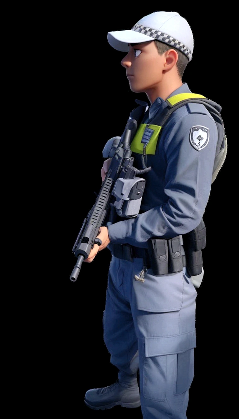 Slim man, gray uniform, white cap, gun in hand, transparent image background