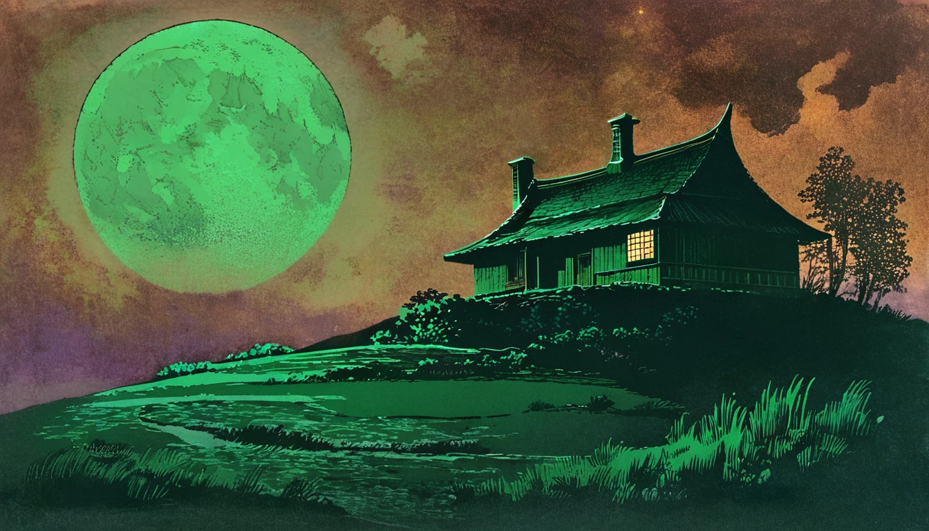 (masterpiece), (best quality), (best detail), (distant general point of view), (edges worn paper),(main color of illustration: jade green), (secondary color: cinnamon), A nighttime scene with a starry sky and dark clouds in the background. In the foreground, there is the silhouette of an old, lonely house on a hill, illuminated by a large, bright full moon. Surrounding the house, there are subtle neon light waves and light trails, adding a trance music vibe. The color scheme includes shades of blue, purple, and black.
 (many stars, moon), shading (detailed, much contrast)