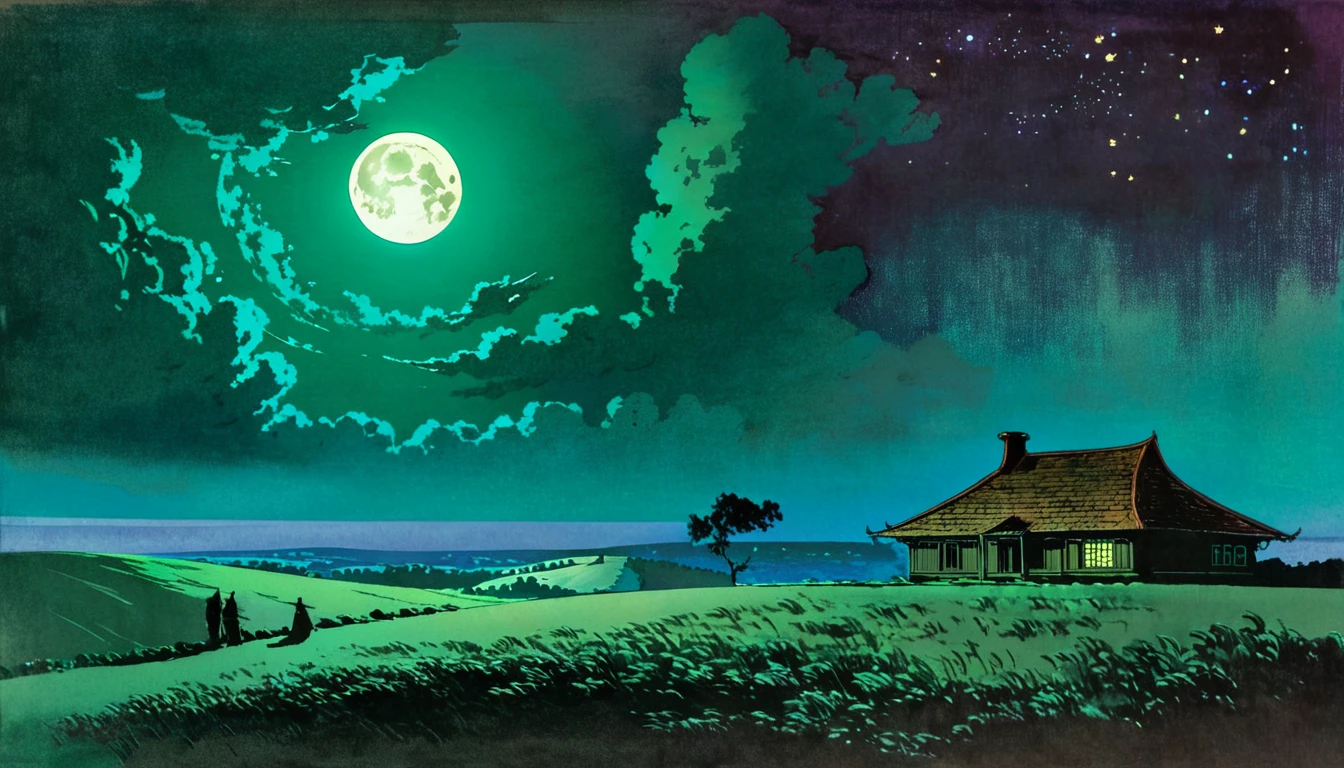 (masterpiece), (best quality), (best detail), (distant general point of view), (edges worn paper),(main color of illustration: jade green), (secondary color: cinnamon), A nighttime scene with a starry sky and dark clouds in the background. In the foreground, there is the silhouette of an old, lonely house on a hill, illuminated by a large, bright full moon. Surrounding the house, there are subtle neon light waves and light trails, adding a trance music vibe. The color scheme includes shades of blue, purple, and black.
(many stars, moon), shading (detailed, much contrast)