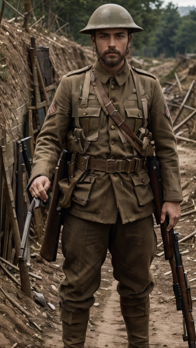 (masterpiece), best quality, expressive eyes, perfect face, All quiet on western Front, man, trenches, dirty, uniform, realistic, HD, Rifle, mas-36, battle, fighting, world war 1, bearded, mature