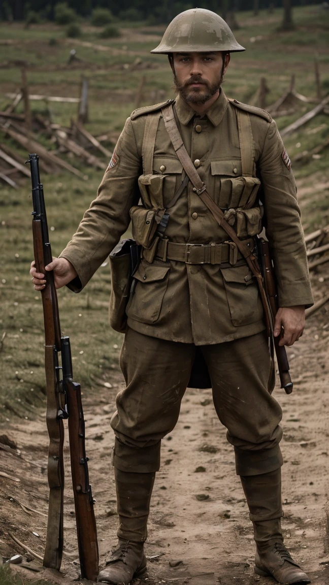 (masterpiece), best quality, expressive eyes, perfect face, All quiet on western Front, man, trenches, dirty, uniform, realistic, HD, Rifle, mas-36, battle, fighting, world war 1, bearded, mature