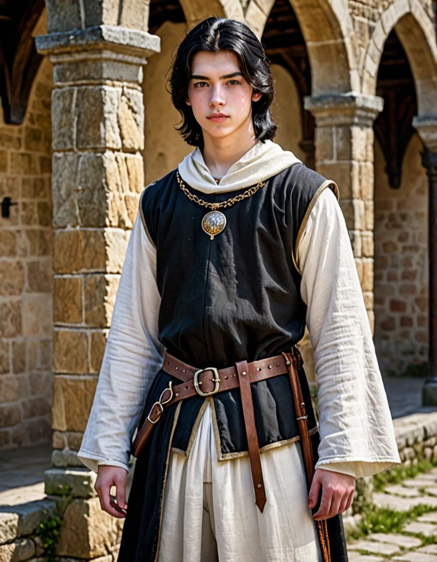 18 year old young man, medieval clothing, black hair, black eyes, white skin, realistic skin, standing pose