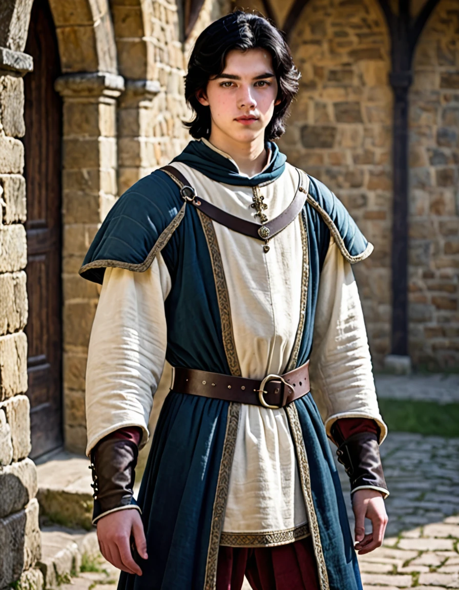 18 year old young man, medieval clothing, black hair, black eyes, white skin, realistic skin, standing pose