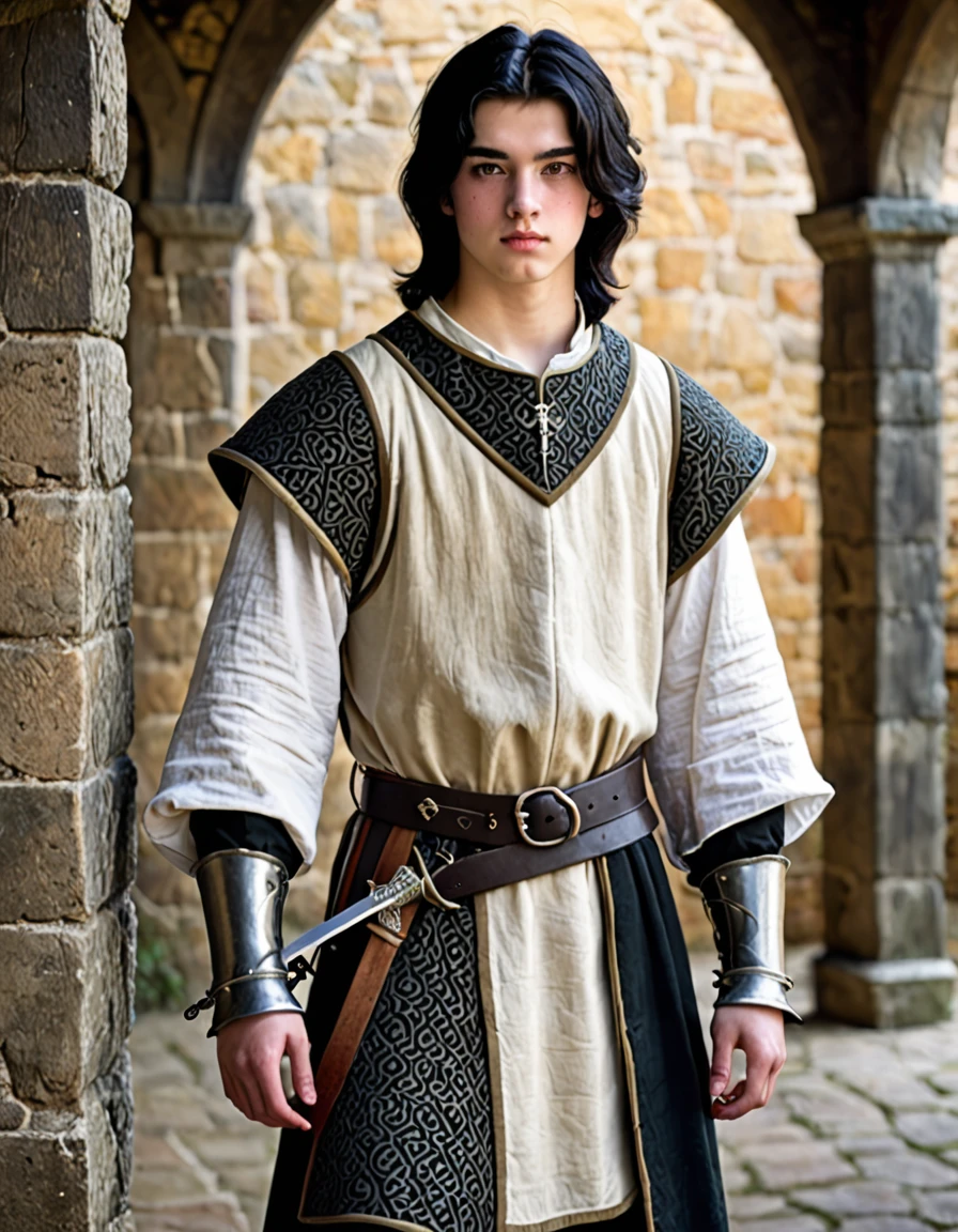 18 year old young man, medieval clothing, black hair, black eyes, white skin, realistic skin, standing pose