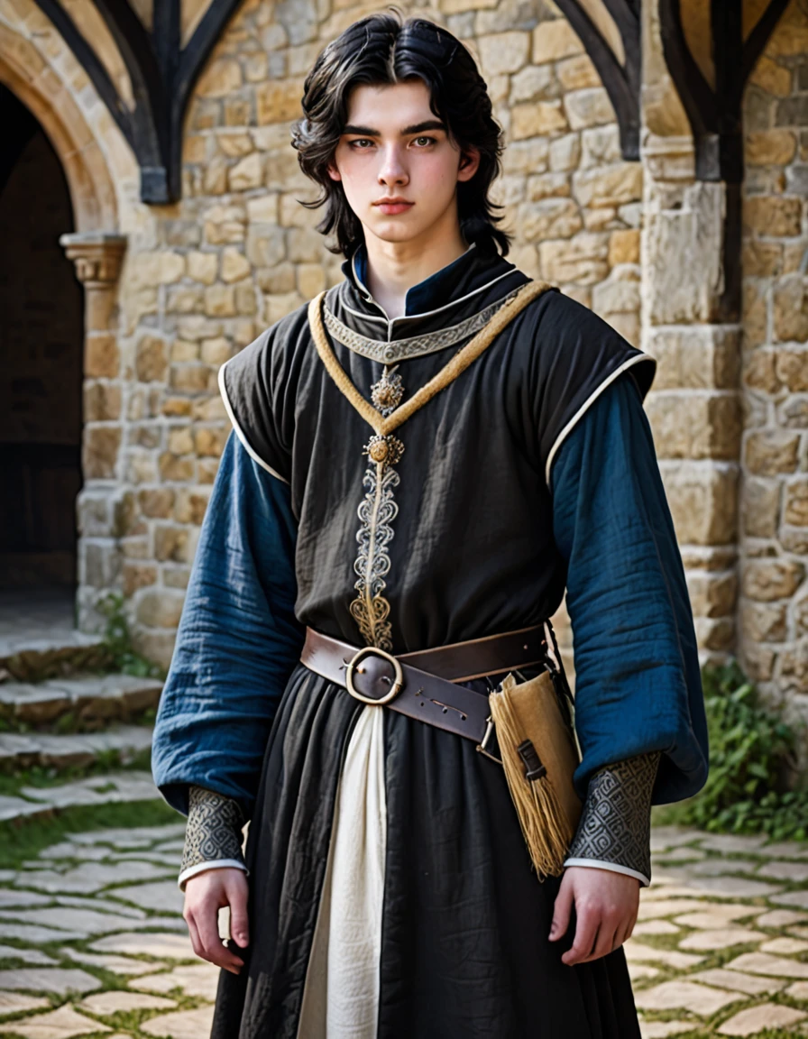 18 year old young man, medieval clothing, black hair, black eyes, white skin, realistic skin, standing pose