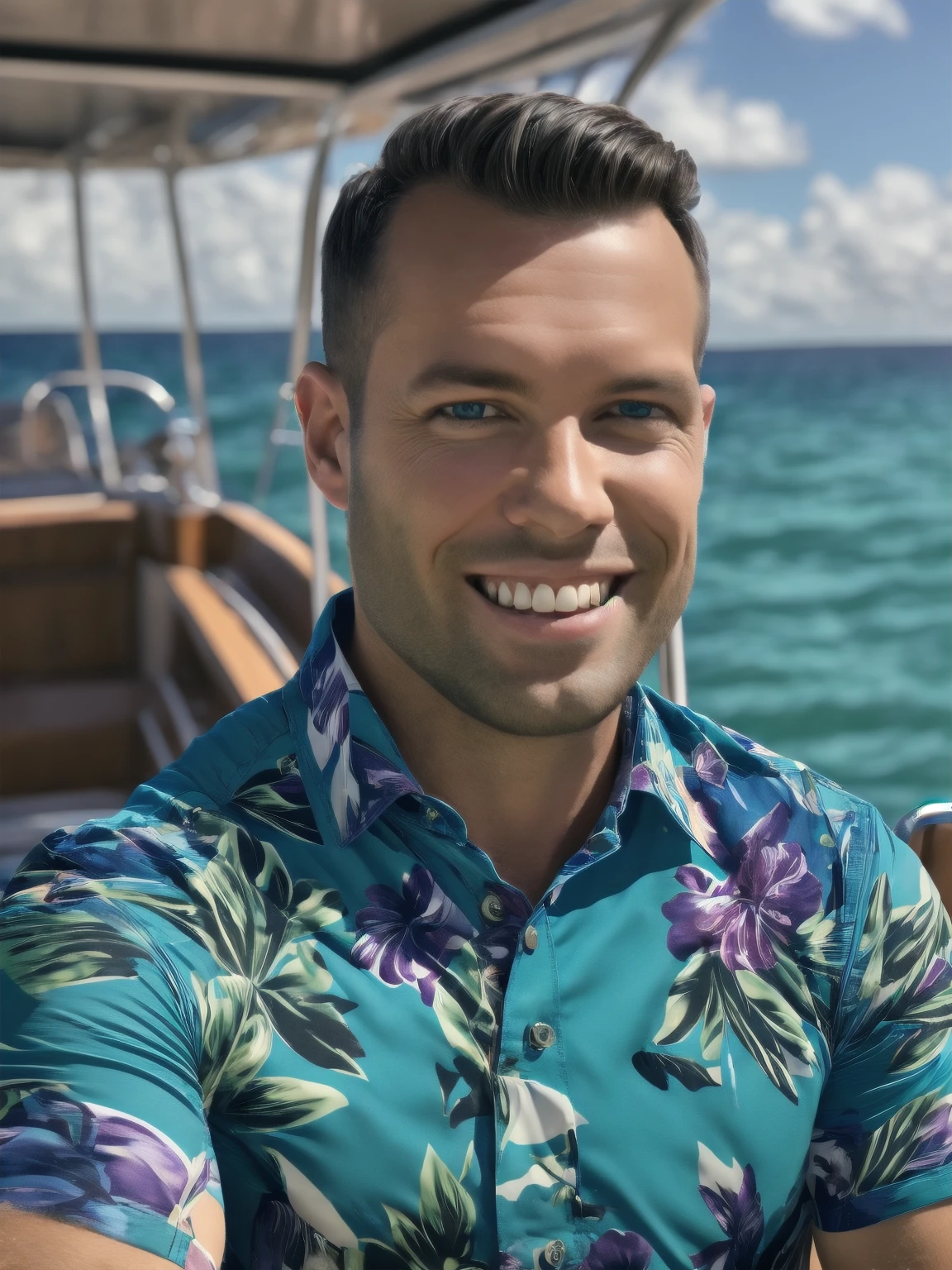 a man, Todder8, Todder1 short hair, perfect facial features, RAW, UHD, 8K, looking at camera, on a yacht at sea, vacation photography, island paradise, colorful Hawaiian shirt, photorealistic, dynamic lighting, perfect day, [smiling]
