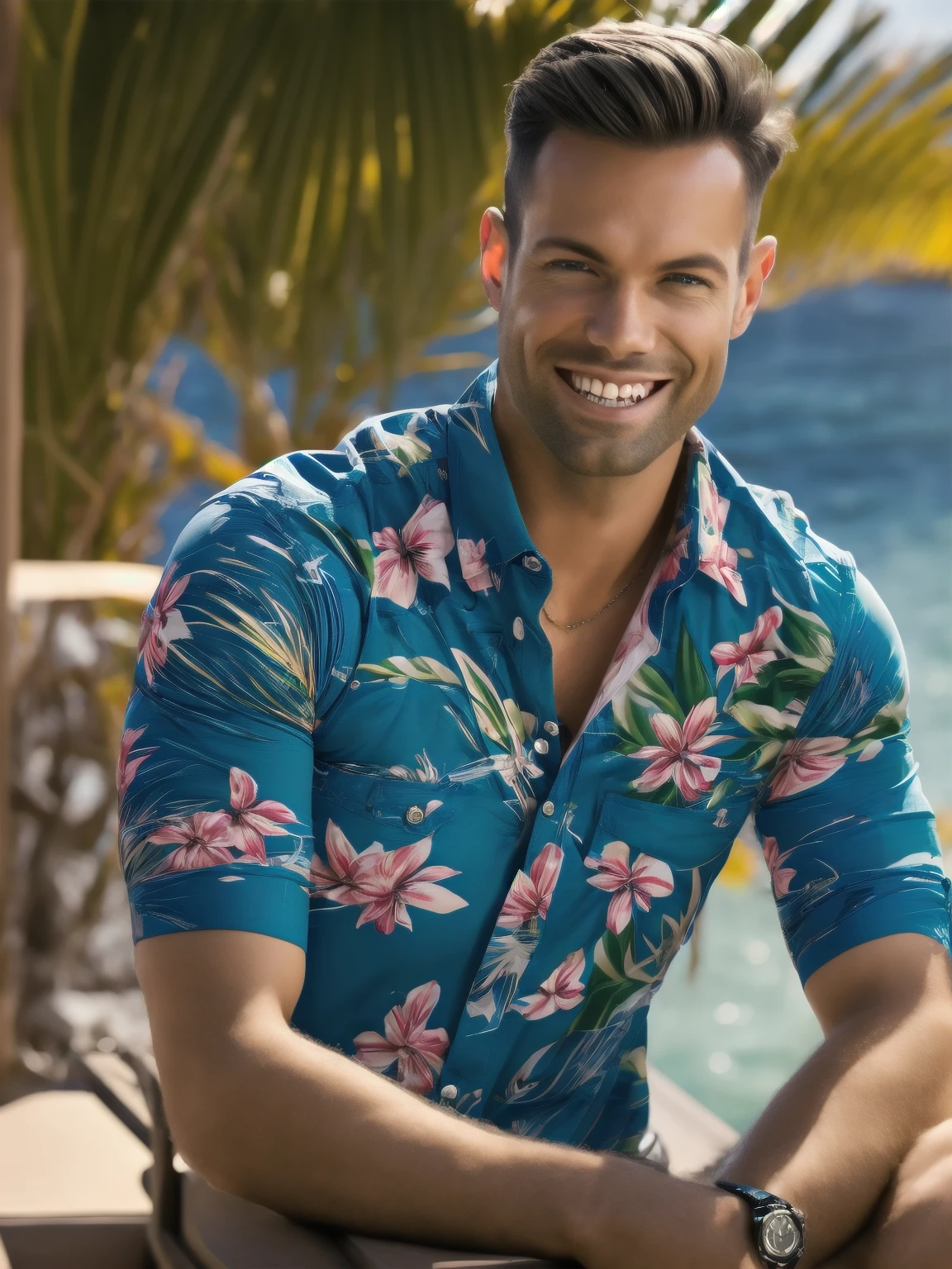 a man, Todder8, Todder1 short hair, perfect facial features, RAW, UHD, 8K, looking at camera, on a yacht at sea, vacation photography, island paradise, colorful Hawaiian shirt, photorealistic, dynamic lighting, perfect day, [smiling]