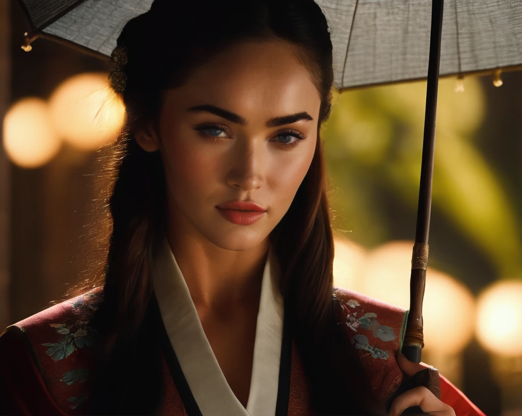 Megan_Fox,girl with umbrella , (hanfu), glowing, sidelighting, wallpaper, artwork ((sharp face, detailed face, realistic face, naturtal skin, realistic skin, detailed skin, pores, detailed eyes,realistic eyes)),, (masterpiece, best quality, ultra-detailed, best shadow), high contrast, (best illumination), ((cinematic light)), colorful, hyper detail, dramatic light, intricate details,
