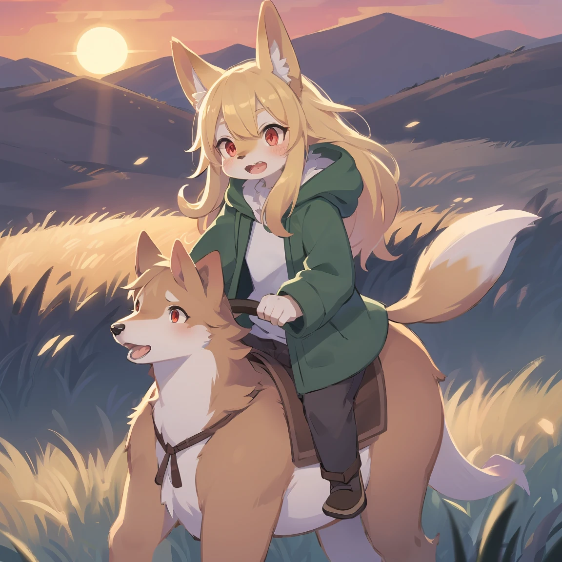 the fox, , was hairy, shaggy, skin fur, smooth lashes, golden fur, forelimb hands, straight long blonde hair, solid circle eyes, golden ears, golden fur, golden facial fur, shiny hair, red eyes, super cute face, 1fox tail, fluffy tail, furry tail, glowing eyes, green coat green hood down, brown trousers, riding unsaddled horse, open mouth, embarrassed, ambient light, ultra-fine fur, dashed eyes, full body, masterpiece, high quality, high-details, best quality, wide short, (((solo))), twilight, sun light, red sky, rim light