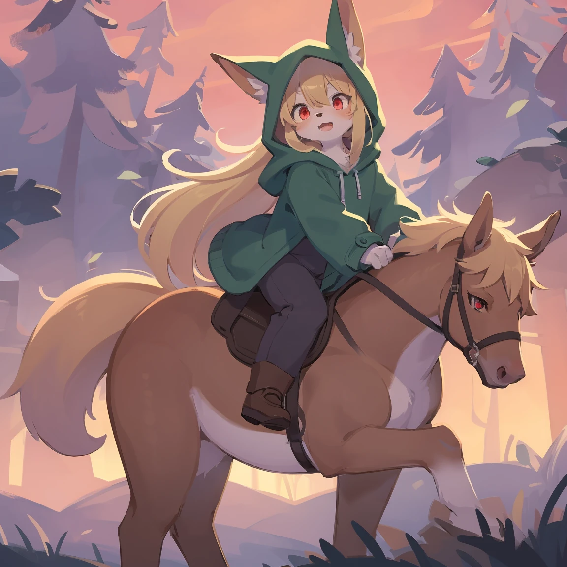  the fox, , was hairy, shaggy, skin fur, smooth lashes, golden fur, forelimb hands, straight long blonde hair, solid circle eyes, golden ears, golden fur, golden facial fur, shiny hair, red eyes, super cute face, 1fox tail, fluffy tail, furry tail, glowing eyes, green coat green hood down, brown trousers, riding unsaddled horse, open mouth, embarrassed, ambient light, ultra-fine fur, dashed eyes, full body, masterpiece, high quality, high-details, best quality, wide short, (((solo))), twilight, sun light, red sky, rim light