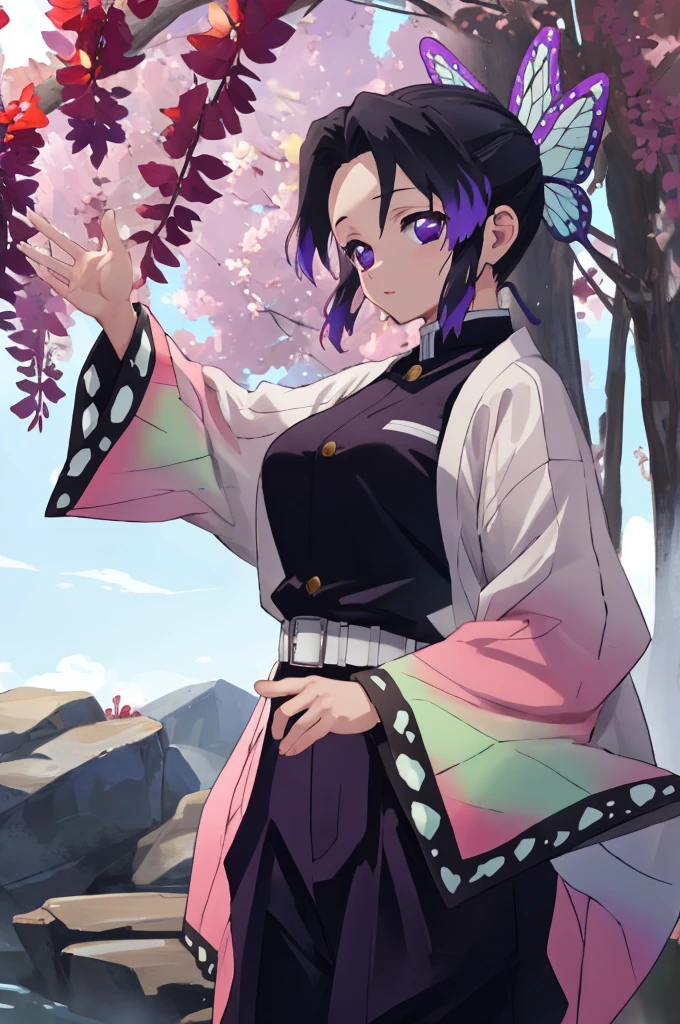 (masterpiece:1.3), (best quality:1.1), (8k, ultra detailed, ultra high res:1.2), ((anime style)), perfect 5 fingers, perfect anatomy,
1girl,
Shinobu Kochou,
BREAK long hair,
black hair, hair intakes, gradient hair,
purple eyes, bow in hair,
(large breasts:0.9),
BREAK black shirt, black tethered pants, white haori, looking at viewer,
BREAK cowboy shot, outdoors, forest, butterfly,