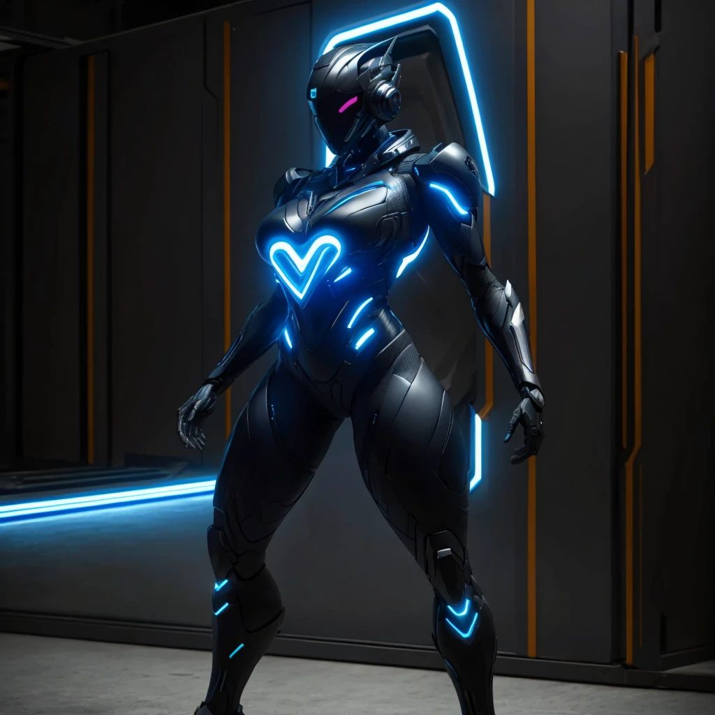 Dronificated unknown woman in a fully enclosed black latex fullbody skin tight suit with blue lights across the suit and heart shaped glowing core in the chest, fully enclosed cyber helmet that cover her whole face and hides her identity with a gundam face, huge breast, narrow waist, wide hips and thick thighs, in a storage facility, no face, no hair, no mouth, no eyes, (masterpiece), (highres) (full body)