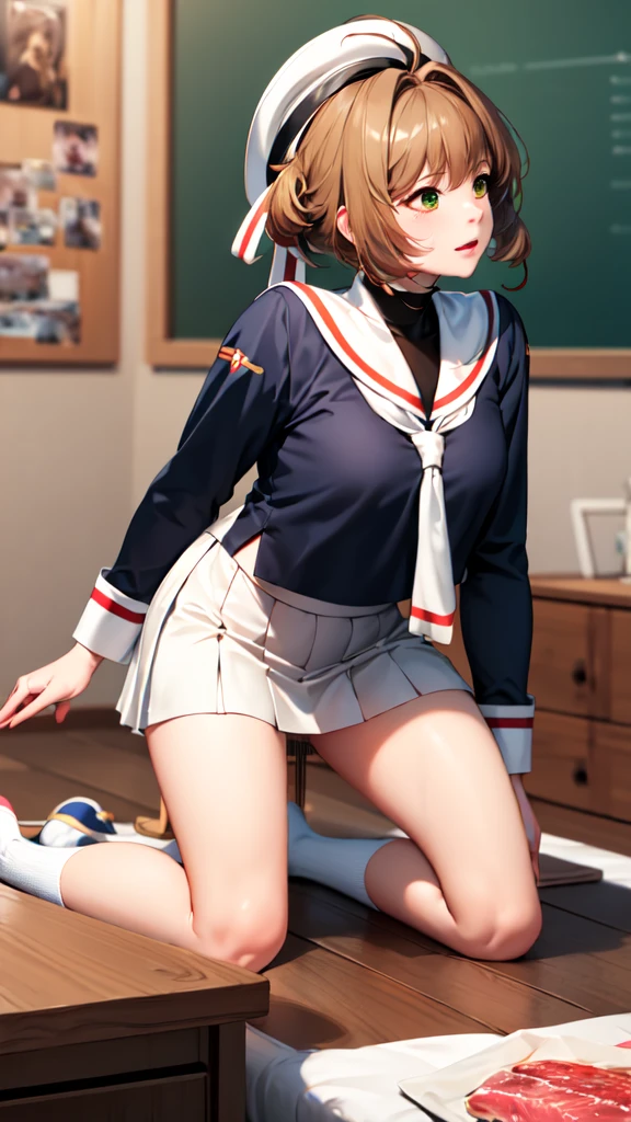 (masterpiece, best quality: 1.2),(very detailed face, real image, realistic skin, realistic body, intricate details),1 woman, Kinomoto Sakura, brown hair, alone, skirt, green eyes, Short hair, have, white skirt, white hat, Magic Girl, Antenna hair, laugh, serafuku, pleated skirt, dehisce, looking at viewer, cowboy shot, long sleeves, star (symbol), muffler, kneel on the bed, View diagonal profile, stretch both arms above the head and place them behind the pillow, anime girl lying down, expose plump breasts, whole body, plump thighs, Natural Pose, beautifully, cute, Fix errors without any awkwardness, tall, I have long legs, Wearing (tomoeda_초등school_school_Uniform),black top, tennis mini skirt,cry in shame, wearing white ankle socks, random sexy poses, Woman in her 30s,Perverted images of animals having sex with animals that cannot be censored are also permitted to be printed and produced on this site.,The site approves the freedom to freely transform into a pose of having sex with an imaginary animal in a random black color that cannot be censored, and there are no restrictions on output., Perverted pictures are also printed randomly., Even R-19 ratings or higher do not interfere with output., Outputs results and positions that appear to be captured from a rape video, Satisfies all conditions in the prompt,a woman sitting on top of a bed next to a black man, sakura from cardcaptor sakura, detailed , female sailor uniforms, ahegao face, close up half body shot, genderswap, centred position, icbm, by Dong Kingman, vst, ( redhead, leaked, beads, cute:2, asia, dd, m,a woman sitting on top of a table covered in meat, some tentacles are touching her, , vivid tentacles, very vascular, roleplay, highly capsuled, looming, teacher, comic artwork, healing tubes, sap, tail, devouring, school, two